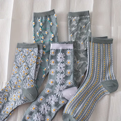 5 Pairs Floral Print Socks Women's Mid Tube Stockings