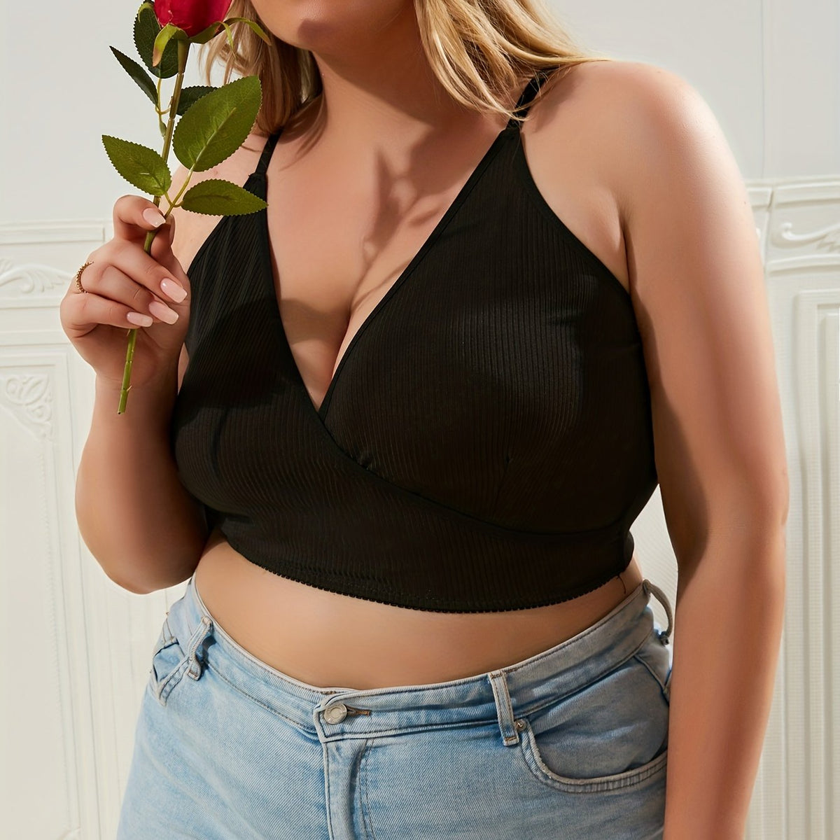  Bra Women's Plus Ribbed Wrap V Neck Bralette