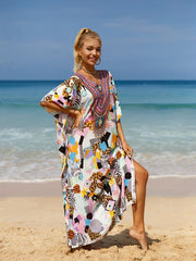  Boho Cover Up Women's Plus Tropical Print Bat Sleeve V Neck