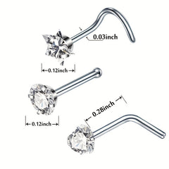 3 Pcs Stainless Steel Nose Ring Set Zirconia Septum Piercing