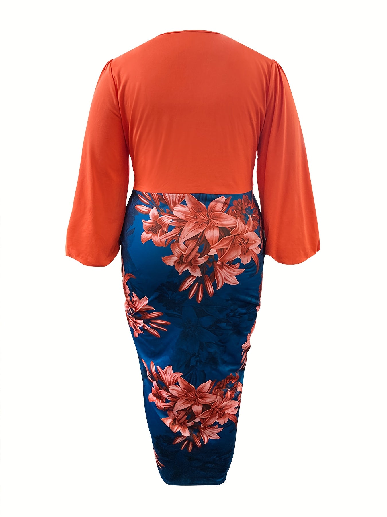  Colorblock Floral Print Long Sleeve V Neck Ruched Dress