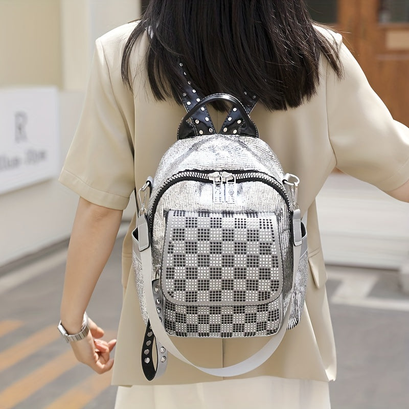 Sequins Backpack Purses Checkered Rhinestone Daypack Glitter Shoulder Bag