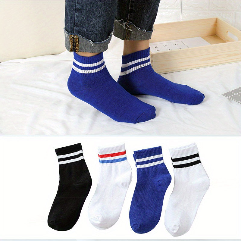 4 Pairs Striped Sports Socks Crew Short Women's Stockings