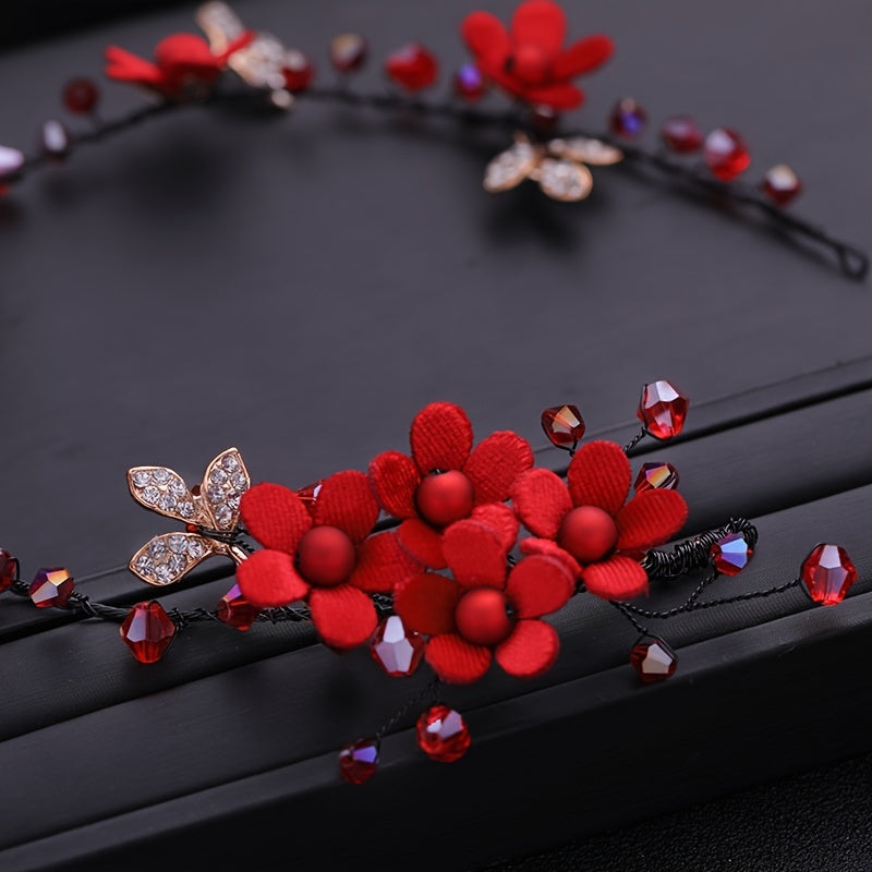 Red Flowers Headband Hairpins Clip Earring Set Chinese Style Bridal Wedding