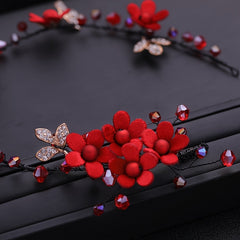 Red Flowers Headband Hairpins Clip Earring Set Chinese Style Bridal Wedding