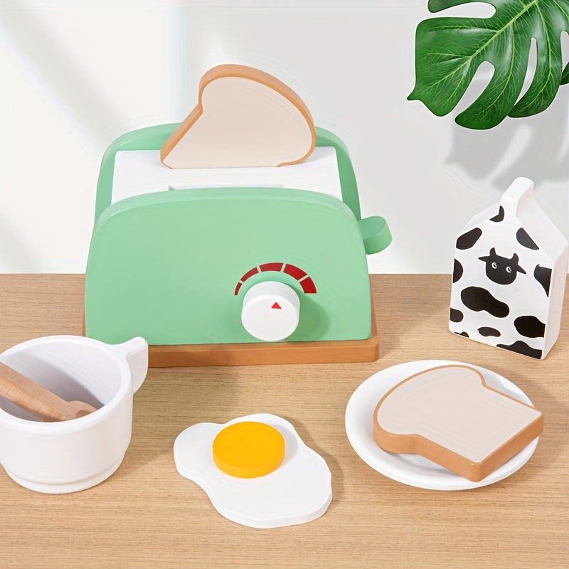 Wooden Kitchen Toy Pop Up Bread and Butter Toaster Set Play Bread Maker Kitchen