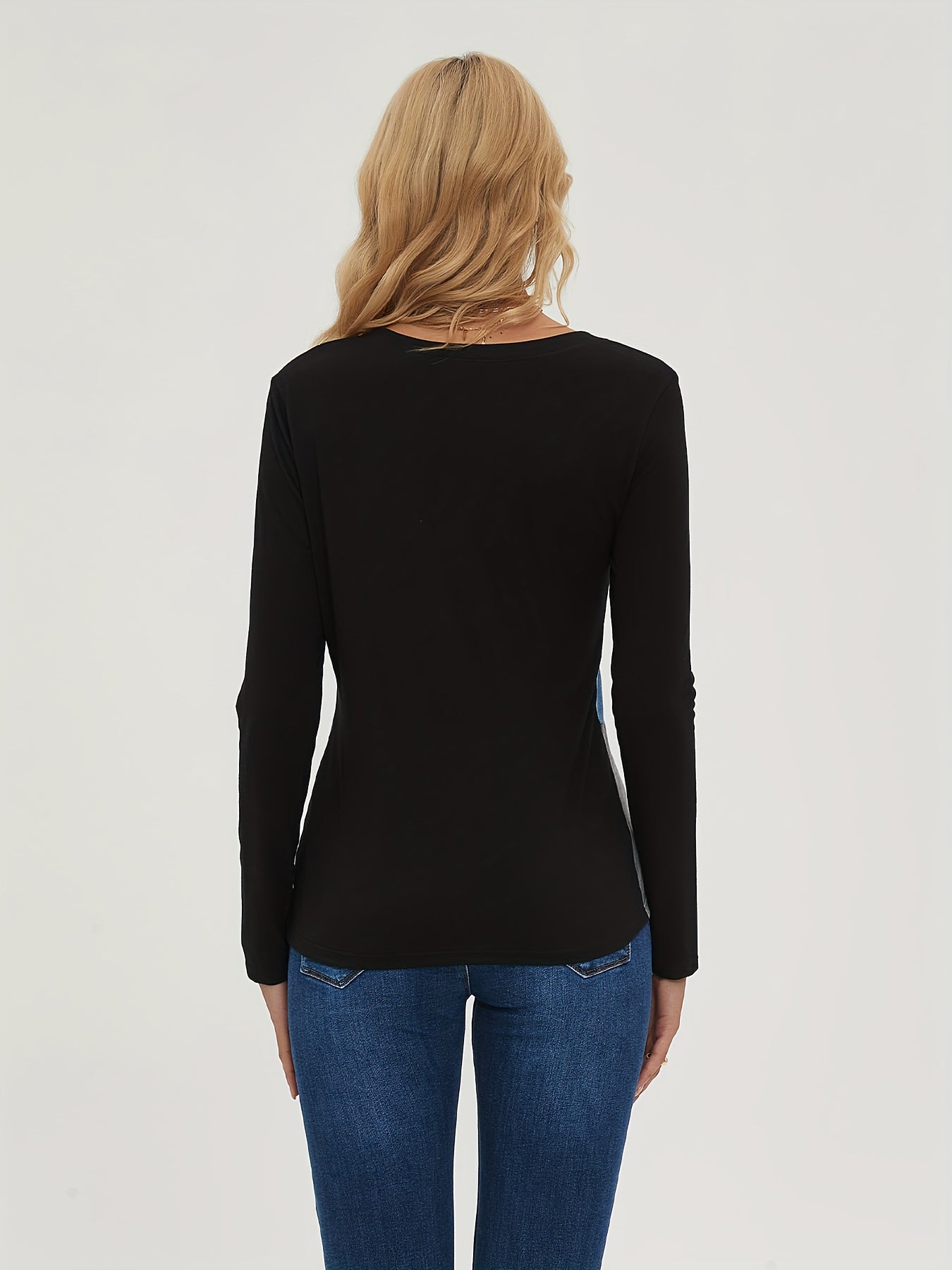 Block Long Sleeve V Neck Pullover Tops Women's Tops