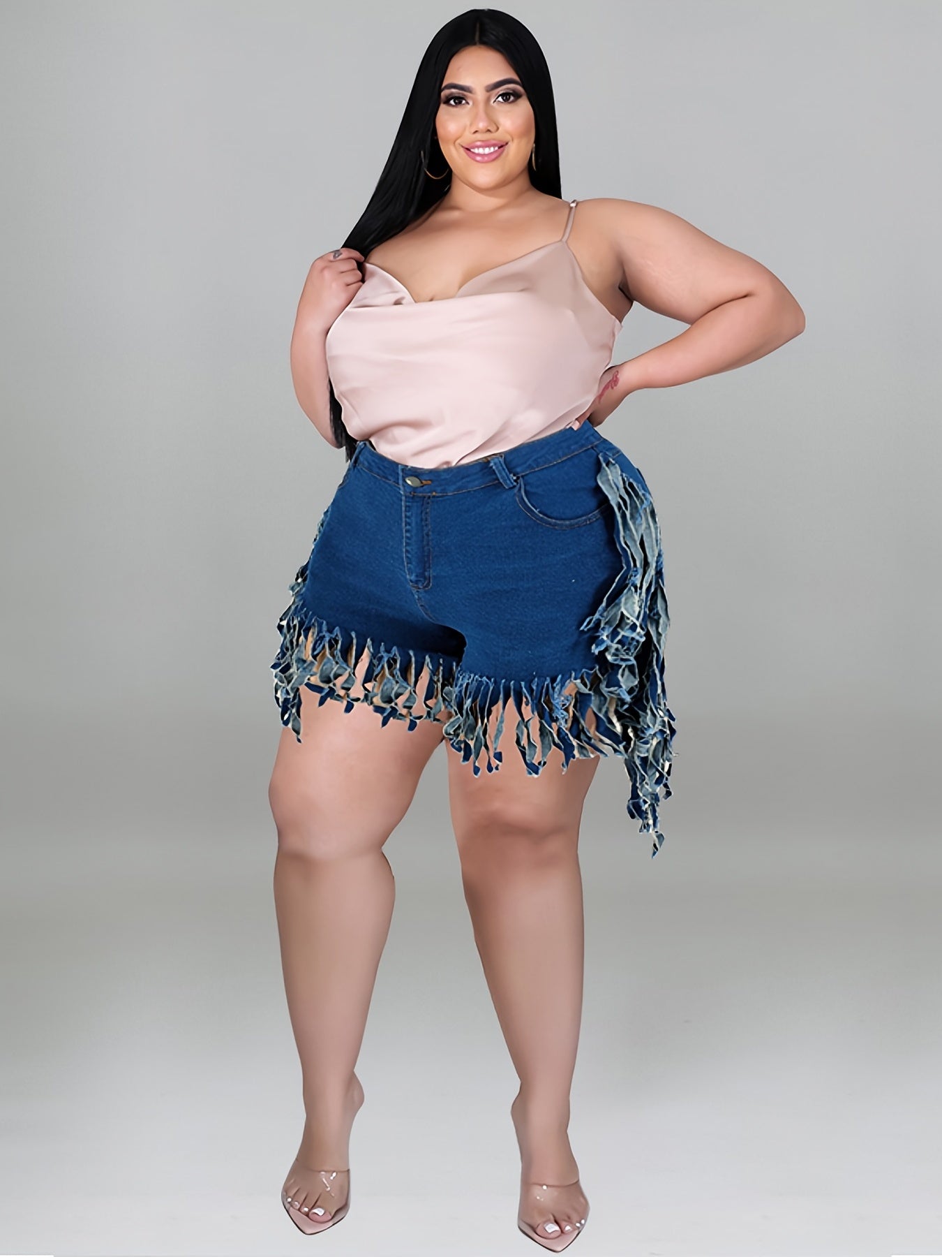  Fringe Trim Denim Shorts Women's Plus Medium Stretch Jean Shorts