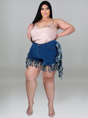  Fringe Trim Denim Shorts Women's Plus Medium Stretch Jean Shorts