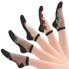 5 Pairs Floral Print Mesh Short Socks Women's Stockings