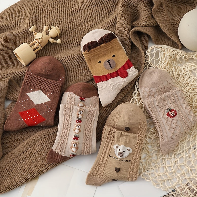 5 Pairs Bear Print Mid Tube Socks Women's Stockings
