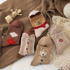 5 Pairs Bear Print Mid Tube Socks Women's Stockings