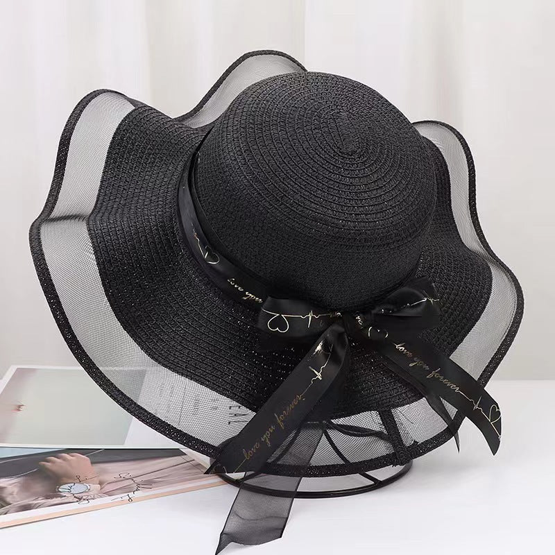 Love Streamer Mesh Gauze Brim Straw Hat Women Beach Sun Hat Valentine