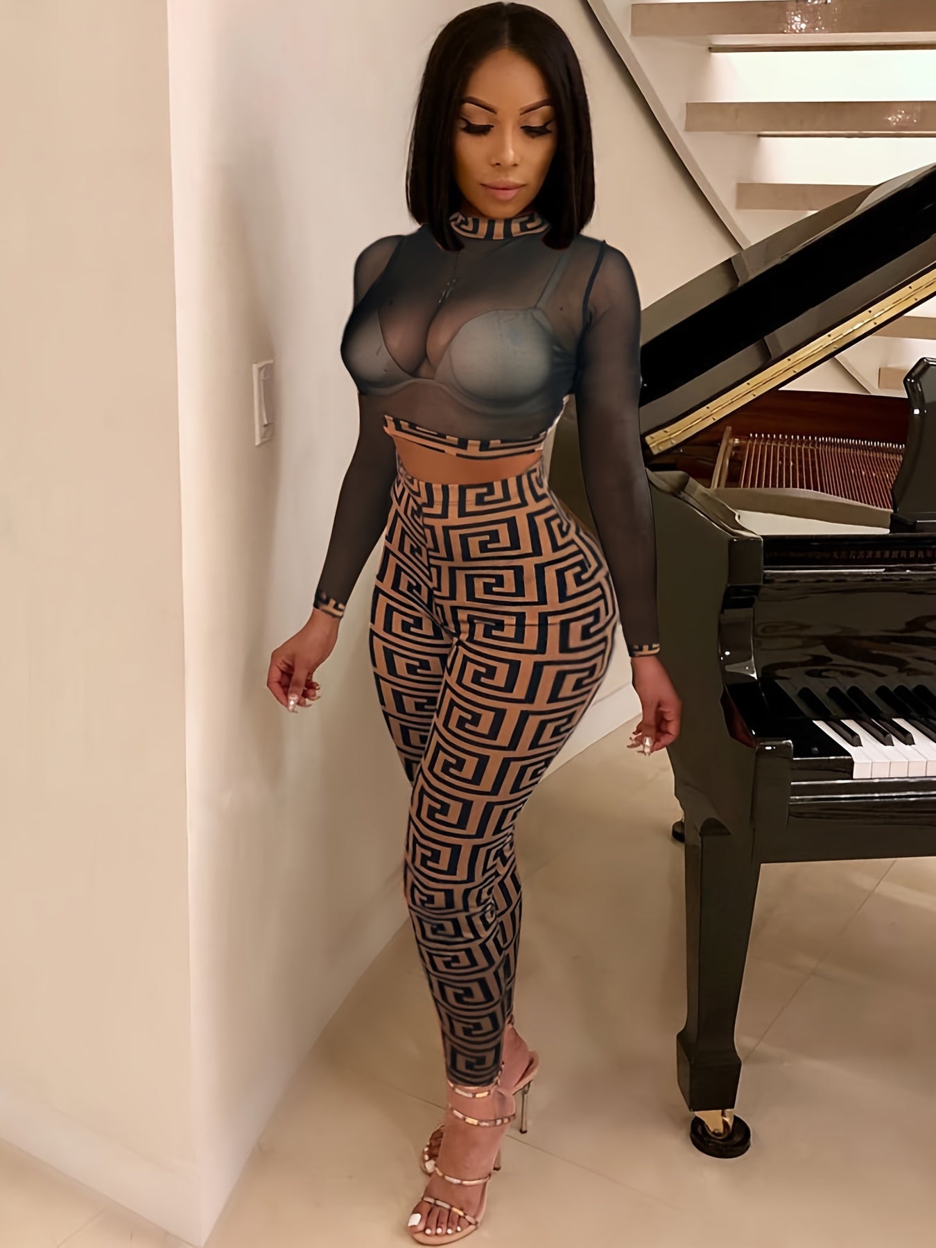  Geometric Print Mesh Top & Pants Set High Stretch 2pcs Set