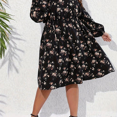  Boho Ditsy Floral Tie Front Lantern Sleeve Dress