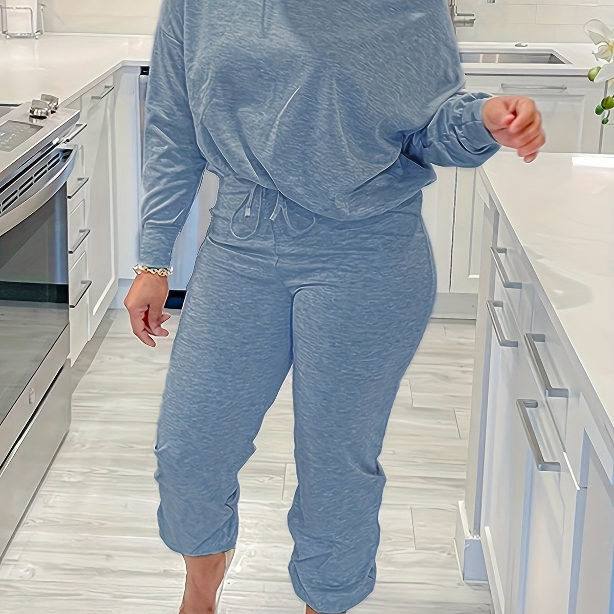  Solid Long Sleeve Top & Pants Outfit Set