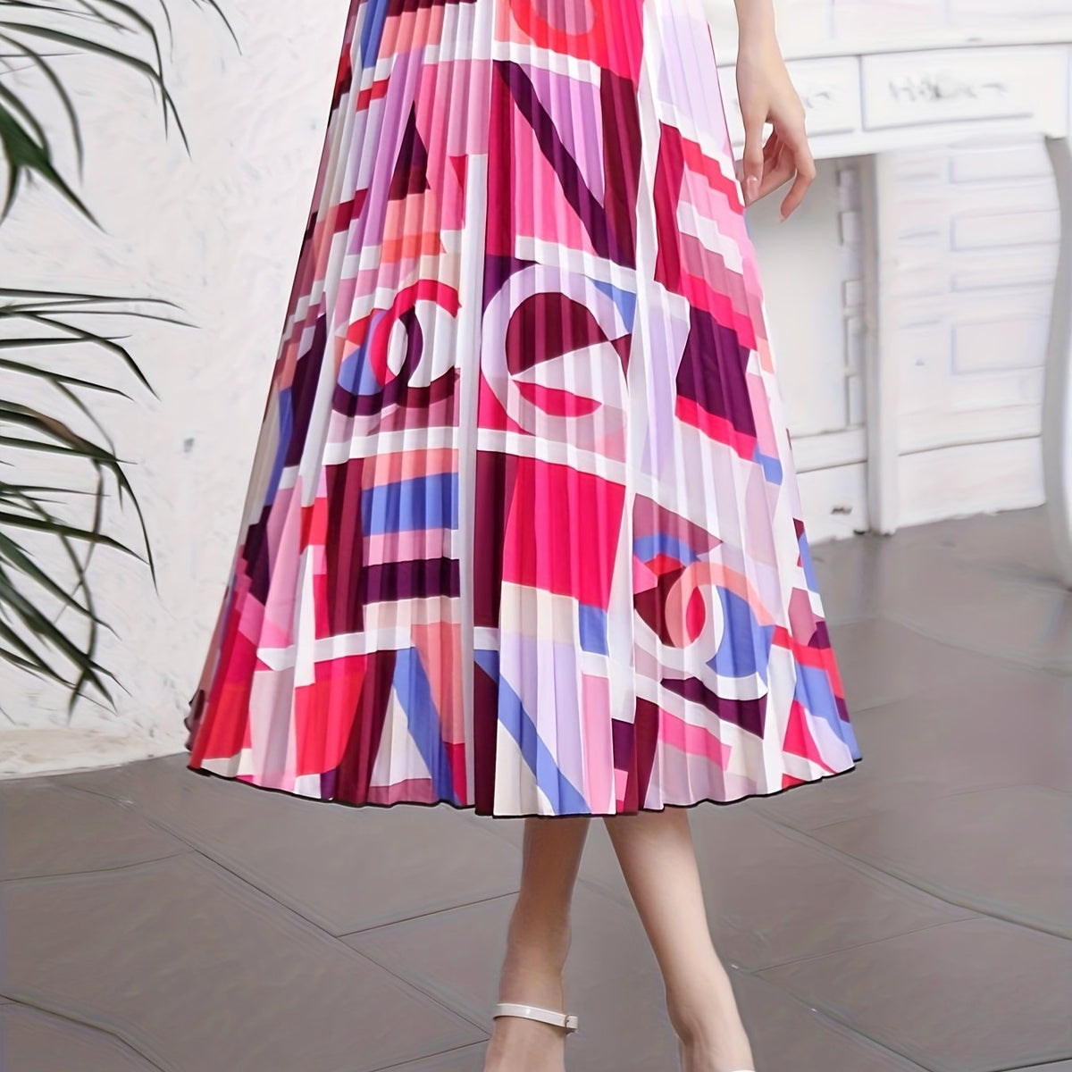  Abstract Print A-line Skirt Elastic Waist Pleated