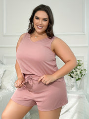  Solid V Neck Tank Top & Tie Front Shorts Lounge Set