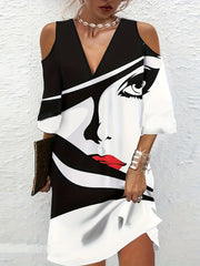  Abstract Face Print Cold Shoulder V Neck Dress