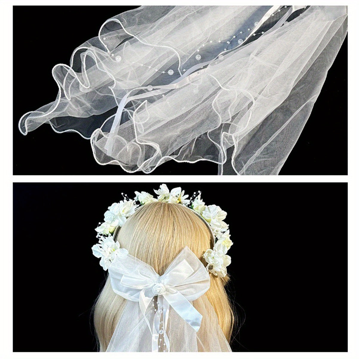 Short Wedding Veil Bow Headband for Women Bridal Veil with Floral Accents