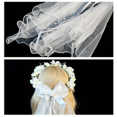 Short Wedding Veil Bow Headband for Women Bridal Veil with Floral Accents