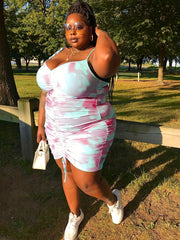  Tie Dye Tie Shoulder Drawstring Mini Cami Dress