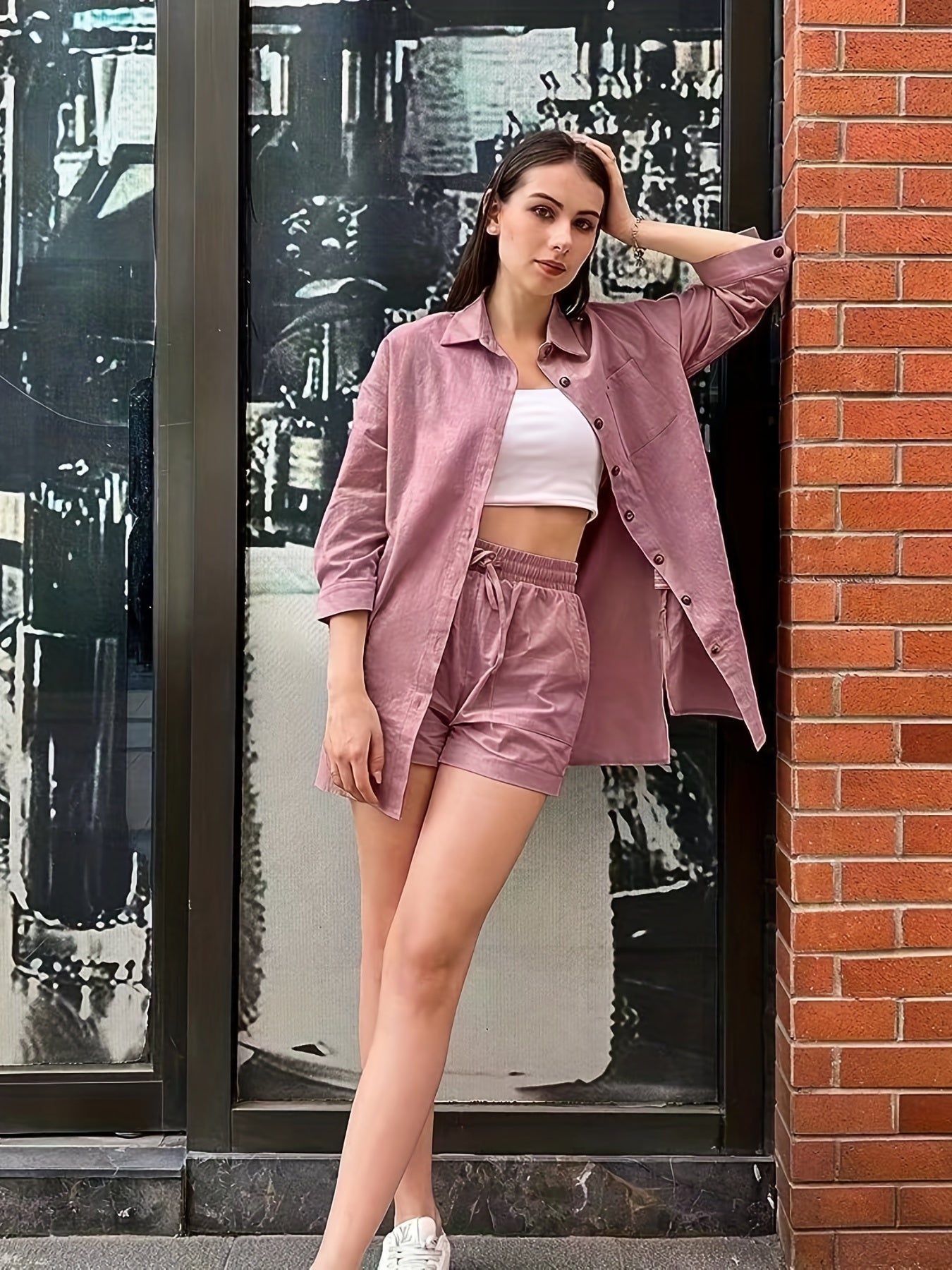  Casual Shirt & Shorts Set Women's Plus Solid Long Sleeve Button Up