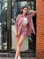  Casual Shirt & Shorts Set Women's Plus Solid Long Sleeve Button Up
