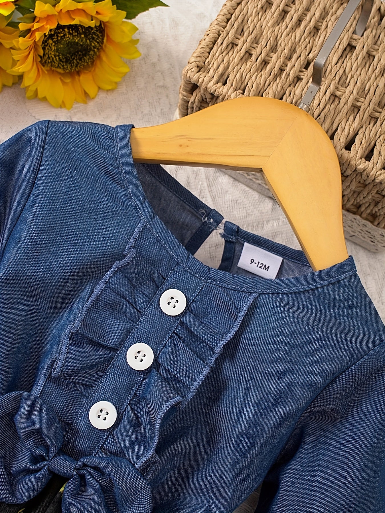Cute Baby Girl's Denim Dress with Floral Print