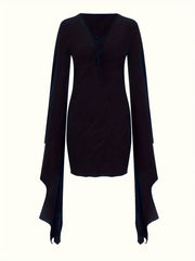  Goth Dress Women's Plus Solid Bell Sleeve V Neck Lace Up