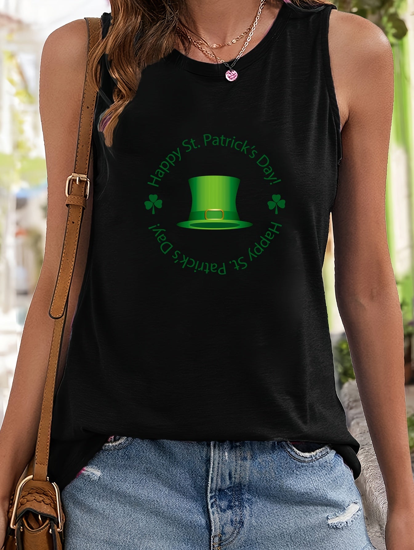 Hat & Leaf Print Sleeveless Sports Vest Round Neck Stretchy Casual Top