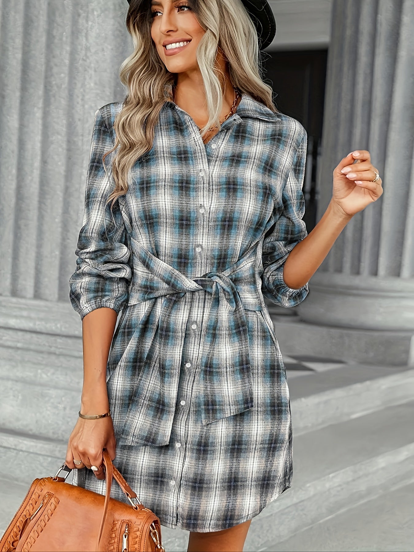  Plaid Print Knot Front Button Up Dress