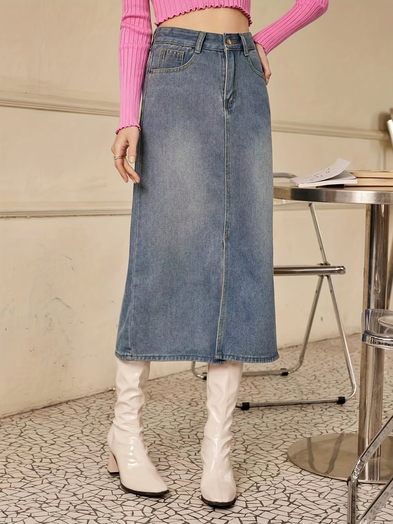 Front Slit Mid High Waist Denim Skirt Slash Pockets