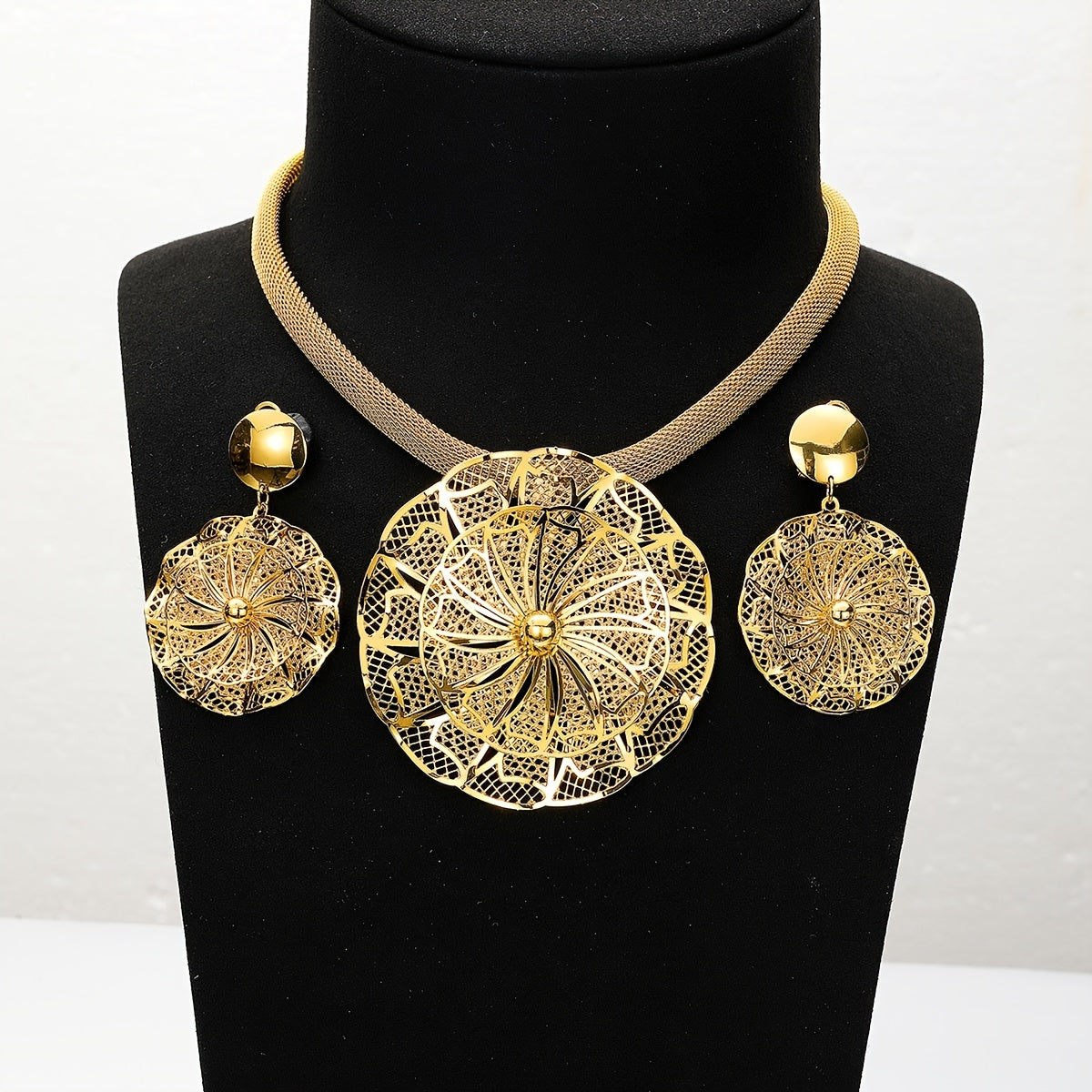 18K Plated Alloy Pendant Necklace & Earrings Set for Wedding