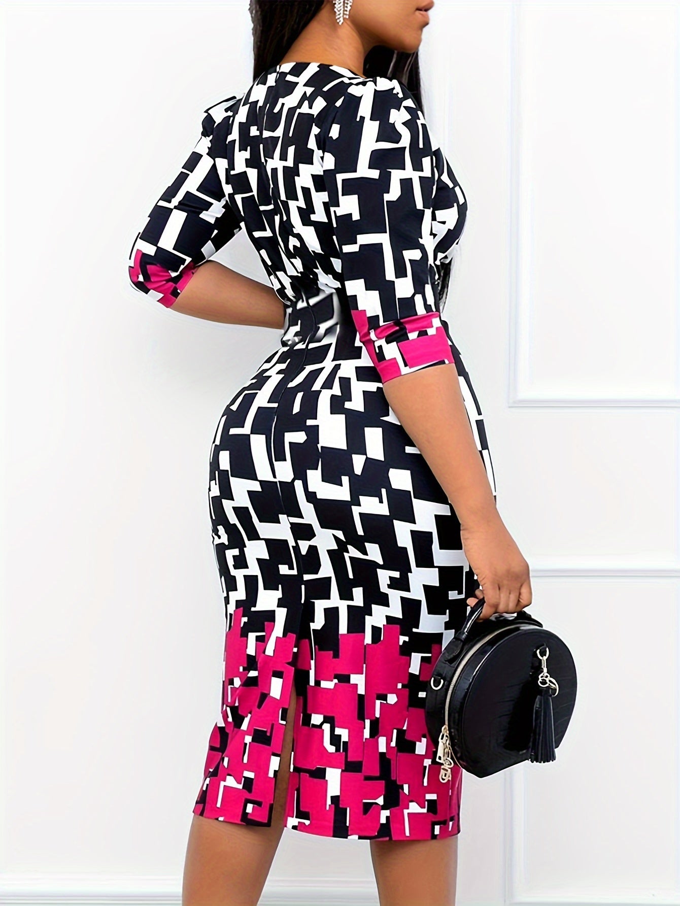  Colorblock Geometric Print Bodycon Midi Dress