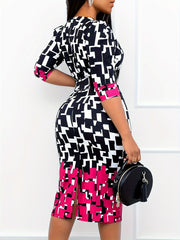  Colorblock Geometric Print Bodycon Midi Dress