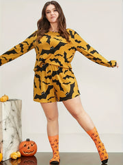  Gothic Loungewear Set Bat Print Crew Neck Tee & Shorts Pajamas