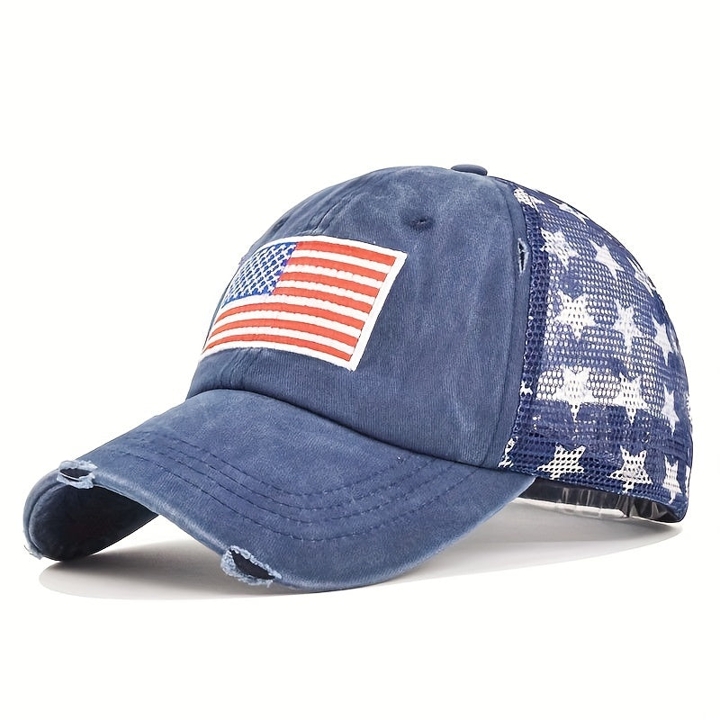 Pentagram Print Ponytail Baseball Cap Flag Embroidery Mesh