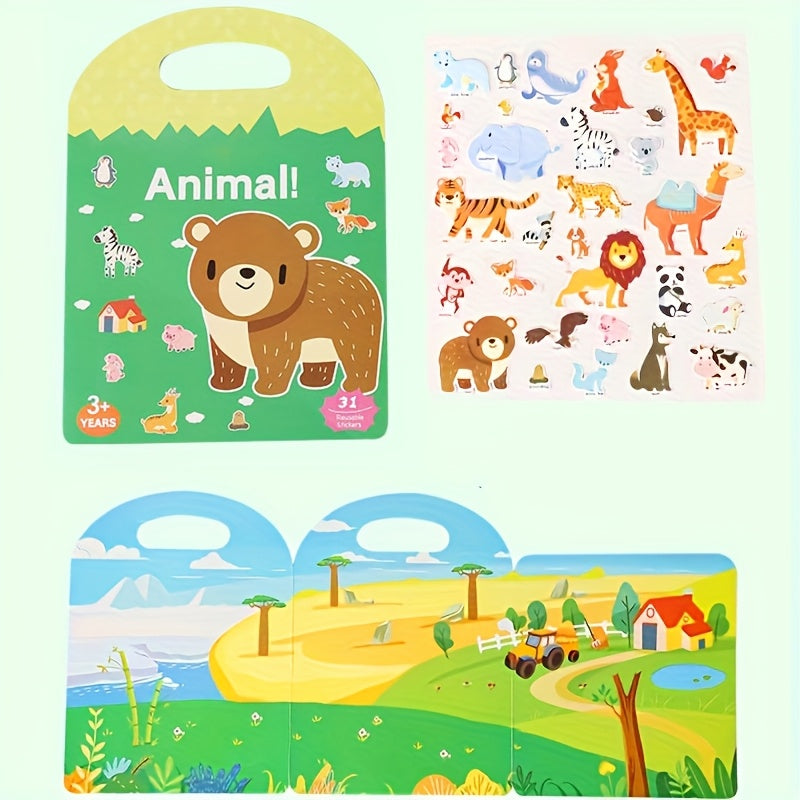 Reusable Waterproof Sticker Book Kids Double Sided Dinosaurs Animals & Vehicles