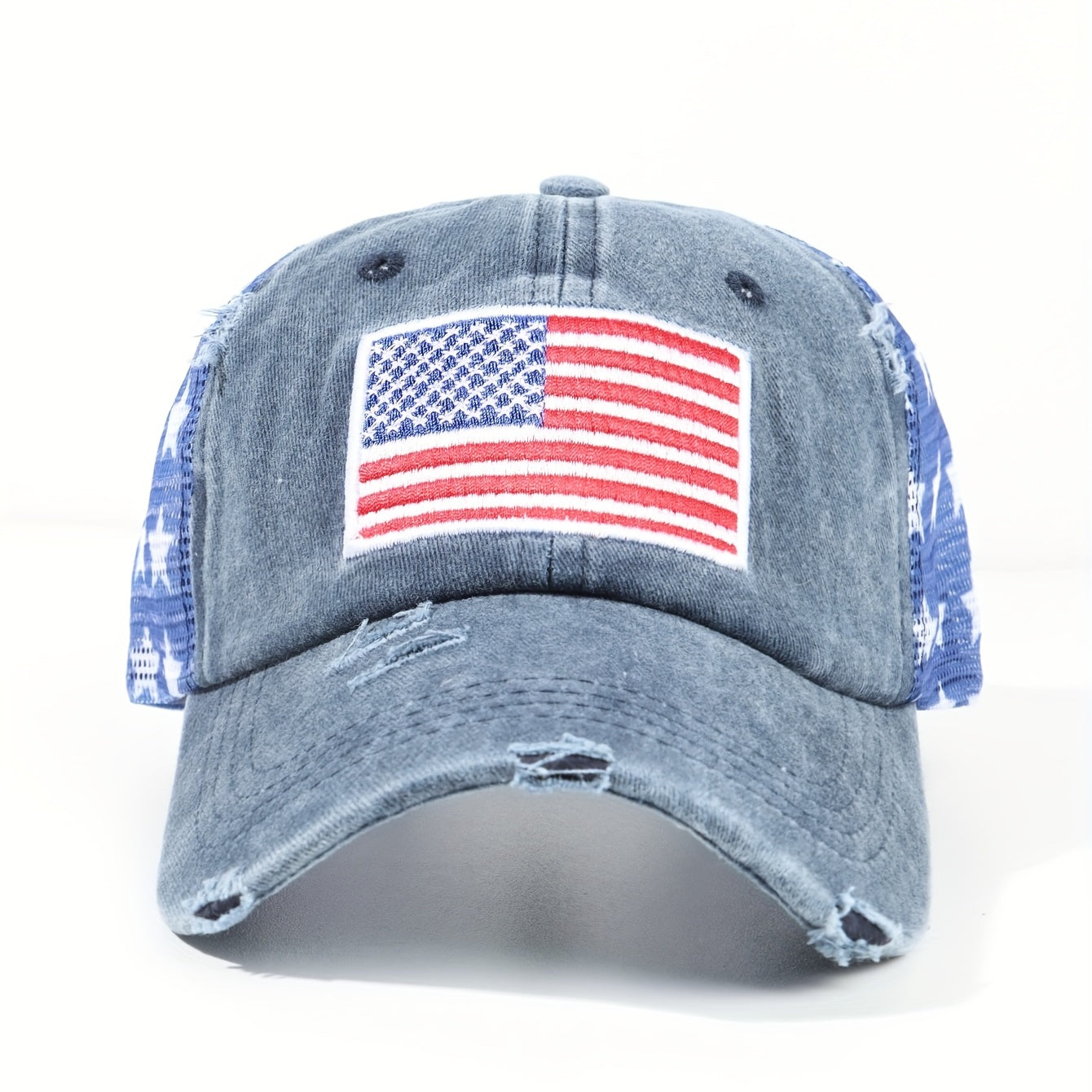 Pentagram Print Mesh Trucker Hat Navy Distressed Baseball Cap