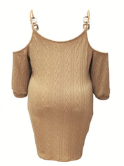  Casual Dress Women's Plus Solid Cable Cold Shoulder V Neck Dress