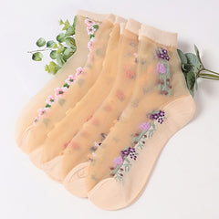 5 Pairs Floral Print Mesh Socks Breathable Mid Tube Women's Stockings
