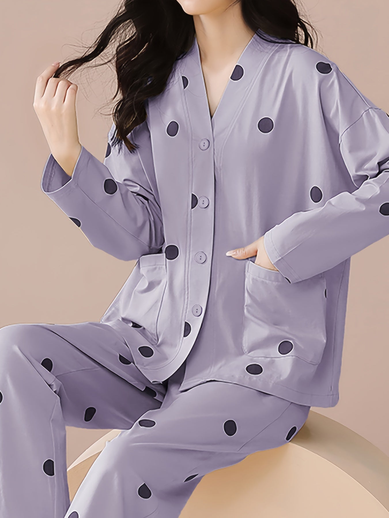 Polka Dot Pajama Set Long Sleeve Top & Pants Women's Sleepwear