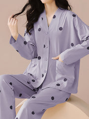 Polka Dot Pajama Set Long Sleeve Top & Pants Women's Sleepwear