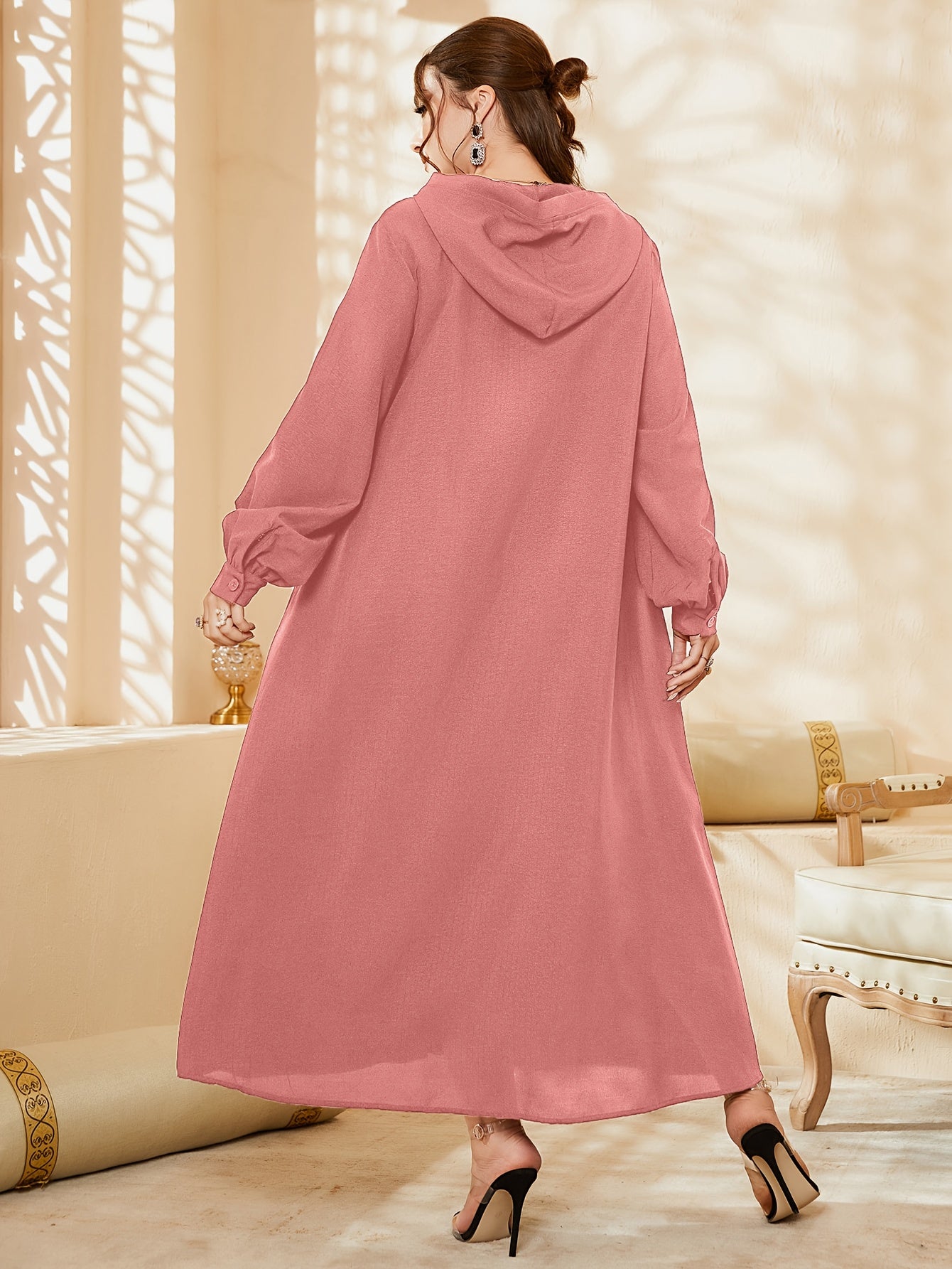  Solid Button Up Maxi Hooded Shirt Dress