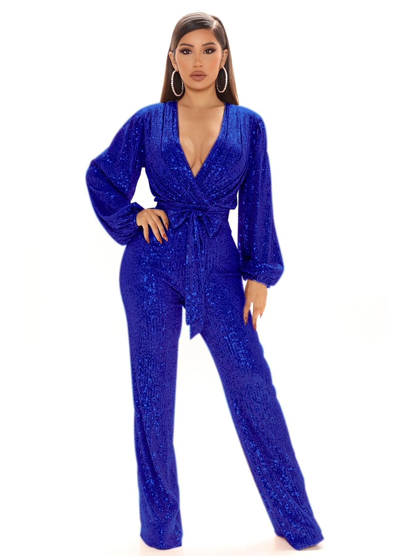 Sequin Deep V Neck Jumpsuit Long Sleeve Tie Waist Long Length Jumpsuit