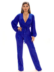 Sequin Deep V Neck Jumpsuit Long Sleeve Tie Waist Long Length Jumpsuit