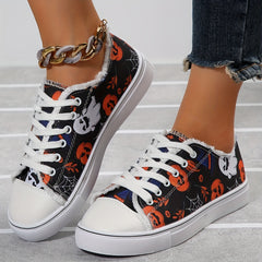 Women's Ghost & Pumpkin Pattern Canvas Shoes Halloween Lace Up Low Round Toe