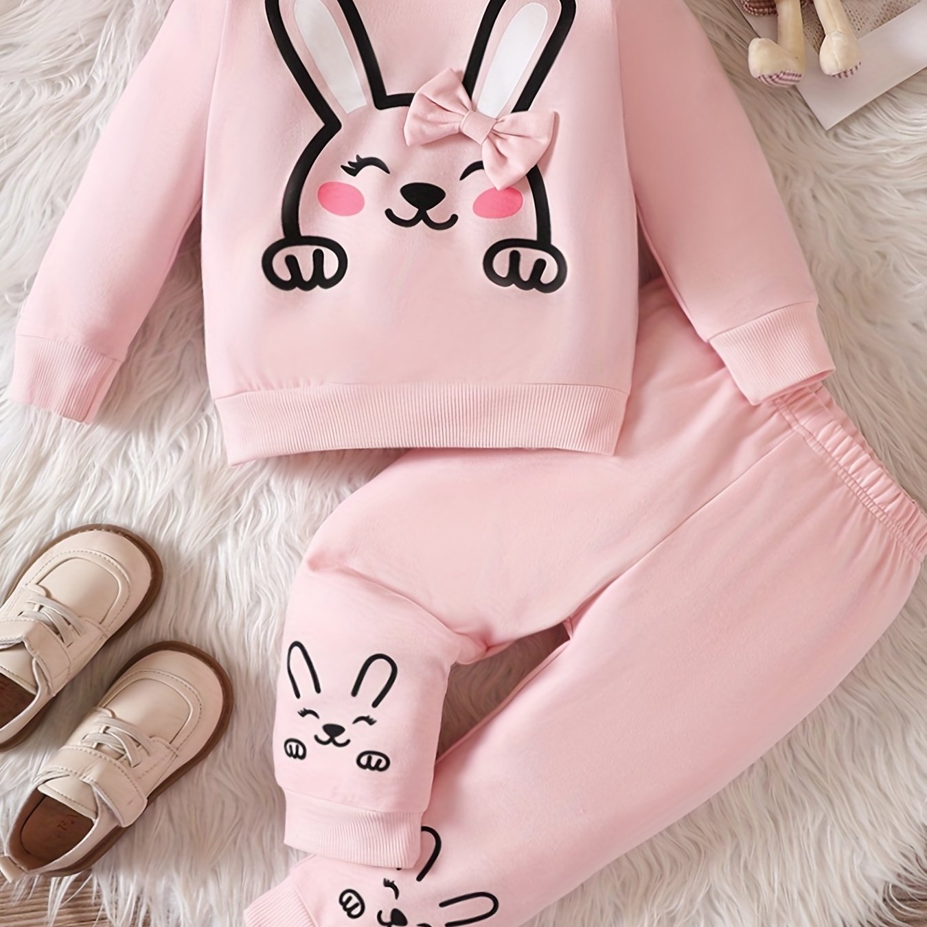 Casual Rabbit Print Little Girls 2pcs Set Long Sleeve Top Trousers
