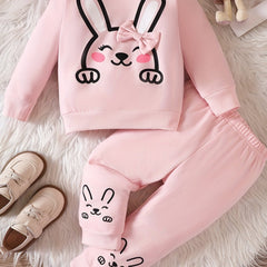 Casual Rabbit Print Little Girls 2pcs Set Long Sleeve Top Trousers